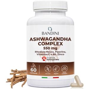 Bandini® Ashwagandha Complex KSM-66® Forte con Rhodiola Rosea, Zinco, Vitamina E e B6 - Withania Somnifera ad Alto Dosaggio - 60 Capsule Vegane - Integratore Naturale