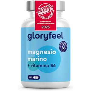Gloryfeel Magnesio Marino Puro, Eletto PRODOTTO DELL'ANNO 2025, Magnesio360mg con Vitamina B6, Integratore Cloruro di Magnesio contro Stanchezza e più Energia*, 180 Capsule, Senza Additivi, 100% Vegan