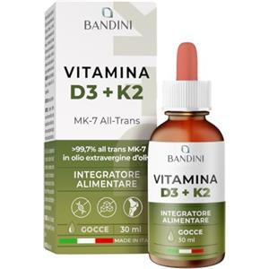 Bandini® Vitamina D3 K2 Gocce, in Olio Extra Vergine di Oliva EVO, Vitamine D Colecalciferolo 1000 UI per Goccia + Vit K MK-7 Menachinone Kappa 99,7% 100 mcg per Goccia, con pratico Contagocce