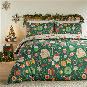 furn. Copripiumino "Duvet Day Festive Treats" - Biancheria da letto reversibile e morbida per Natale (Smeraldo - Singolo)