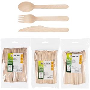 HEKU be green - Set di posate usa e getta, 150 pezzi, in legno di betulla, 50 coltelli (16,5 cm), 50 forchette, 50 cucchiai (15,7 cm), compostabili, realizzati con materie prime rinnovabili e