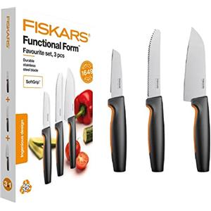 Fiskars Set di coltelli da cucina, 3 pezzi, Functional Form, Inclusi Coltello da cucina (piccolo), Coltello per pomodori, Spelucchino, Acciaio inox giapponese/Plastica, 1057556