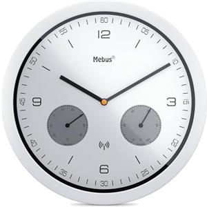 MEBUS Moderne Funk-Wanduhr mit Temperaturanzeige und Hygrometer, Durchmesser 26cm / Modell: 52826 / Farbe: Weiß