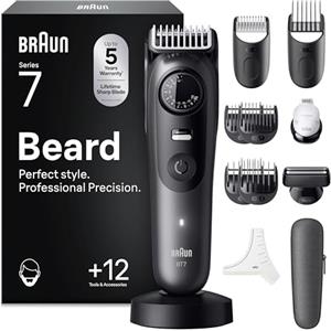 Braun Regolabarba Uomo Series 7, +12 Strumenti Da Barbiere, Lama ProBlade Affilata a Vita, Fino A 120 Minuti Di Autonomia, Selettore Di Precisione Con 40 Lughezze E Blocco, BT7545, Grigio