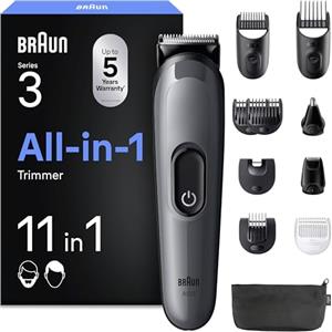 Braun Rifinitore All-In-One Series 3, Rasoio Elettrico Barba E Capelli 11In1, Con Lama Ultra Affilata, 14 Lunghezze, 50 Minuti di Autonomia, Styling Facile e Veloce Per Viso E Capelli, AIO3565 Grigio