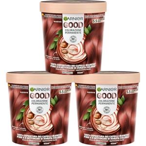 Garnier Good Tinta Colorazione Permanente Fino a 8 Settimane Colore Brillante e Luminoso Copre il 100% dei Capelli Bianchi Formula Vegana Senza Ammoniaca 5.5 Castano Ramato Ibisco - 3 Confezioni