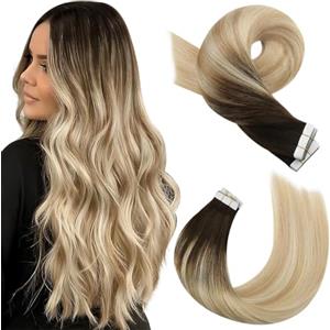 Moresoo Extension Capelli Veri Biadesivo Balayage 30 cm Extension Biadesive Capelli Umani Castano Scuro a Biondo Cavallino con Biondo Candeggino 20pcs 50g #2/27/613