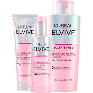L'Oreal Paris L'Oréal Paris Elvive Glycolic Gloss Shampoo da 200ml + Balsamo da 150ml + Siero Senza Risciacquo da 150ml per Capelli Spenti e Porosi Lucentezza Intensa Lunga Durata - Set da 3