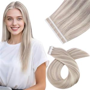 Moresoo 35 cm Extension Capelli Veri Biadesivo Invisibili Extension Biadesive Capelli Veri Marrone Scuro con Biondo Caramello #P18/613 10 Pezzi 20g