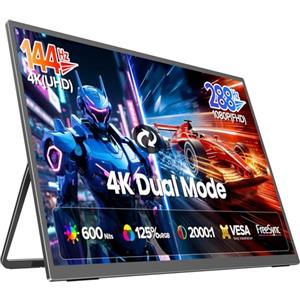 UPERFECT 27" 4K 144Hz | 1080P 288Hz Doppia Modalità Monitor Portatile con 600 Nit, risoluzione 2000:1, 125% sRGB, HDMI 2.1 | DP | Porta USB-C per Laptop, PC e Console di Gioco, Compatibile con VESA