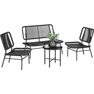 Outsunny Set Salotto da Giardino 4 Pezzi in Rattan, Set di Mobili da Giardino con Divano a 2 Posti, 2 Sedie, Tavolino da Caffè Piano Metallo, Struttura in Acciaio, Salottino da Esterno Balcone, Nero