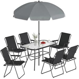Outsunny Set Tavolo e Sedie da Giardino 8 Pezzi con Ombrellone, Set da Pranzo Esterno con 6 Sedie Pieghevoli in Texteline, Tavolo in Vetro Temperato, Struttura in Acciaio per Terrazza Balcone, Nero