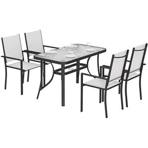 Outsunny Set Tavolo e Sedie da Giardino 5 Pezzi, Set Pranzo Esterno con 4 Sedie Impilabili Texteline, Tavolo Vetro Temperato, Foro Ombrellone, Struttura in Acciaio per Terrazza Balcone, Grigio Chiaro