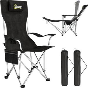 Outsunny Set 2 Sedie da Campeggio Pieghevoli con Poggiapiedi Staccabile, Portabicchieri e Tasca Laterale, Sedie da Giardino in Tessuto Oxford e Metallo, Portata Fino a 120 kg, 125x48x90 cm, Nero