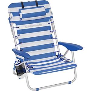 SONGMICS Sedia da spiaggia, sedia da campeggio pieghevole, con tracolla, schienale regolabile, poggiatesta, bracciolo, 2 tasche laterali, blu e bianco GCB62BU