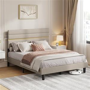 VASAGLE Struttura Letto Matrimoniale, Telaio Letto, per Materasso 140 x 200 cm, Testiera Imbottita Regolabile, Metallo e Legno, Moderno, Beige Cappuccino RMB504LH01
