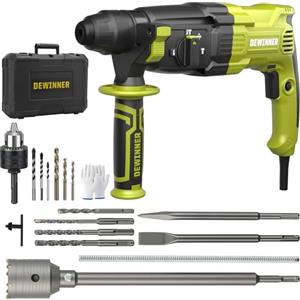 DEWINNER Martello Perforatore 1100 W 3.4 J, 0-1500 RPM/5500 BPM con 4 Funzioni e Frizione di Sicurezza, 20 Accessori tra cui Cemento Seghe a Tazza, Velocità Variabile, Cemento, Acciaio, Legno