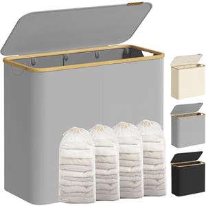 SONGMICS Cesto Portabiancheria con Coperchio a 4 Scomparti, Cesta per Bucato, 200 L, Sacco Rimovibile, Tessuto Oxford, Manici di Bambù, Pieghevole, 78 x 38,5 x 70,5 cm, Grigio Tortora LCB514GD01