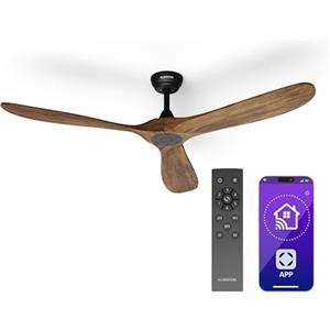 KLARSTEIN Smart Ventilatore da Soffitto Senza Luce, 152 cm, Silenzioso a Risparmio Energetico, Controllo Intelligente con Telecomando/Comando Vocale/App, 6 Velocità, Modalità Estate/Inverno, Noce