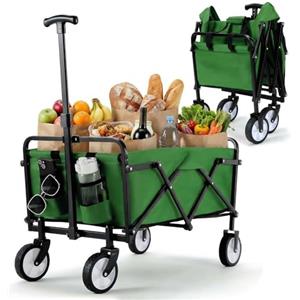 LIFERUN Carrello Pieghevole con Maniglia Telescopica 2 Tasche in Rete, Carrello da Giardino 70 L, Portante 60 kg Ruote Tutti i Terreni Carrello Portaoggetti per Shopping Campeggio Giardino Spiaggia (verde)