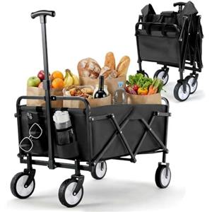 LIFERUN Carrello Pieghevole con Maniglia Telescopica 2 Tasche in Rete, Carrello da Giardino 70 L, Portante 60 kg Ruote Tutti i Terreni Carrello Portaoggetti per Shopping Campeggio Giardino Spiaggia (nero)