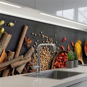 KitchenYeah© Paraschizzi Cucina Adesivo 60x250 cm Pannello Parete Paraspruzzi Pannelli Retro Erbe - Alimenti - Spezie - Nero - Paprika - Cannella