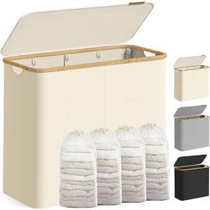 SONGMICS Cesto Portabiancheria con Coperchio a 4 Scomparti, Cesta per Bucato, 200 L, Sacco Rimovibile, Tessuto Oxford, Manici di Bambù, Pieghevole, 78 x 38,5 x 70,5 cm, Bianco Crema LCB514WD01