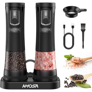 AMOSA Set Macina Sale e Pepe Elettrico, Upgrade con 2 Velocità Regolabili, 5 Livelli Grana Regolabili Esterna, Display Batteria & Base Portaoggetti, Saliera e Pepiera Automatica con Luce LED, Nero