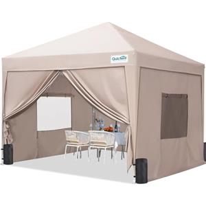 Quictent Gazebo 3 x 3 con 4 pannelli laterali, gazebo pieghevole con sfiato, impermeabile, stabile e resistente all'inverno, con 4 sacchi di sabbia e borsa a rotelle, colore beige