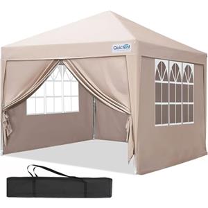 Quictent Gazebo pieghevole, 2 x 2 m, con 4 pannelli laterali, impermeabile, per feste e mercatini delle pulci, colore beige
