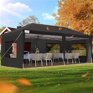Quictent Gazebo pieghevole 3 x 6 m con 6 parti laterali, gazebo da giardino con doppia ventilazione, impermeabile, stabile, con 4 sacchi di sabbia e borsa a rotelle, colore nero