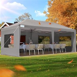 Quictent Gazebo pieghevole 3 x 6 m con 6 parti laterali, gazebo da giardino con doppia ventilazione, impermeabile, stabile, con 4 sacchi di sabbia e borsa rotelle, colore: grigio