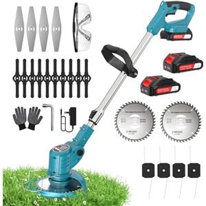 X-cotec Decespugliatore a Batteria, 800W/60Min, Decespugliatore Elettrico con 2 Batterie, Tagliaerba a Batteria 21V, 4 Tipi Lame, Angolazione Regolabili