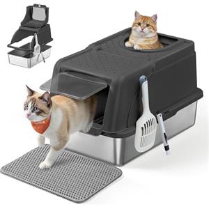 Feandrea Lettiera per Gatti in Acciaio Inossidabile con Coperchio Ribaltabile, Lettiera XL Anti Perdite, Paletta, Spazzola, Doppio Ingresso, per Gatti fino a 15 kg, Nero Inchiostro PPT005BH01