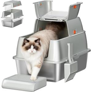 Fobyfurny Lettiera Acciaio Inox Gatto con Coperchio, XXL Lettiera Gatto Chiusa, Coperchio Incernierato a 180°, Pedale e Paletta, Facile da Pulire, Design Modulare, 61 L x 41 I x 40 H cm, Grigio Chiaro