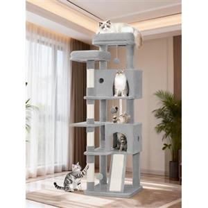 Fobyfurny Albero Tiragraffi per Gatti 152 cm, Torre per Gatti da Appartamento con Pali in Sisal, Tavola Tiragraffi, 2 Comodi Condomini, 2 Trespoli, Pompon, Zona Relax, Grigio Chiaro FPMS004FG1
