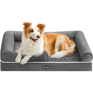 Feandrea Cuccia per Cani Ortopedica, Letto Divano per Animali, Imbottitura Morbida, Bordi Rialzati, Copertura Sfoderabile e Lavabile, 91 x 68 x 18 cm, Fondo Antiscivolo, Grigio Chiaro PGW076G02