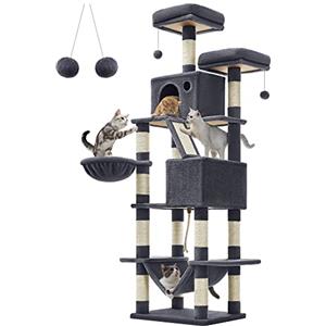 Feandrea Albero per Gatti, Alto 206 cm, Tiragraffi per Gatti Adulti, XXL, con 13 Graffiatoi, 2 Posatoi, 2 Grotte, Cesto, Pompon, in Peluche a Più Livelli per Interno, Grigio Fumo PCT190G01
