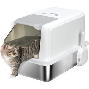 PawHut Lettiera per Gatti Chiusa con Vassoio in Acciaio Inox, Paletta e Sacchetti Filtranti, Lettiera per Gattini in PP, 40.5x60.5x41.5 cm, Bianco e Argento