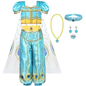 AUYAO Ragazza Costume Vestito Jasmine Principessa, Jasmine Abiti Ragazze Cosplay, Jasmine Costume Ragazze Bambini Principessa, Vestito Principessa Jasmine per Cosplay Compleanno Halloween Carnevale