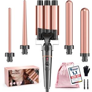 BESTOPE PRO Set di ferro arricciacapelli 5 in 1 - 3 fusti in ceramica per ricci e onde grandi - Riscaldamento rapido, 2 livelli di temperatura, bigodini con guanto e 2 clip, anti-crespo, doppia