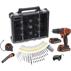 BLACK+DECKER Trapano a percussione da 18V, 2 batterie da 2Ah, caricabatterie da 400mA, 100 accessori, custodia, BDCHD18D2AB-QW