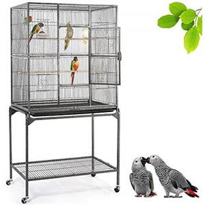Yaheetech Gabbia Voliera Grande per Uccelli Pappagalli Roditori in Metallo e Legno con Piedistallo Ruote Posatoi e Ciotole Nera 81 x 47 x 160 cm