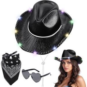 Aomig Cappello da, Accessori per Costumi da Cowboy Cappelli per Adulti, Set Cappello Cowgirl Occidentale Bandana Occhiali da Sole, Cappelli da Cowboy con Paillet per Halloween Feste Carnevale