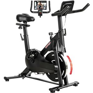 SPORTNOW Cyclette da Casa, Cyclette da Camera con Resistenza Magnetica Regolabile Silenziosa, Sella e Manubri Regolabili, Volano da 6 kg, Schermo LCD, Supporto per Tablet, Ruote, Capacità 120kg, Nero