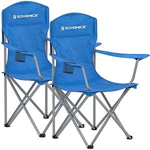 SONGMICS Sedie da Campeggio, Set di 2 Sedie da Esterno, Schienale Alto, con Braccioli, Tasca per Tazza, Pieghevole, Portante 150 kg, per Campeggio, Giardino, Pesca, Terrazza, Blu GCB08BU