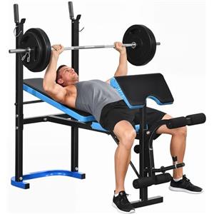 HOMCOM Panca Palestra Multifunzione con Supporto Bilanciere e Schienale Regolabile, Panca Pesi Inclinabile con Leg Extension, Portapesi, Allenamento Palestra Casa, Nero e Blu