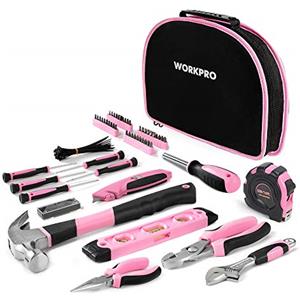 WORKPRO Set Porta Attrezzi Uso Domestico Riparazione 103 Pezzi Utensili per Officina e Lavoro con Pinza, Coltello, Cacciavite, Chiavi a Bussola, Livella, Metro in Cassetta in Colore Rosa