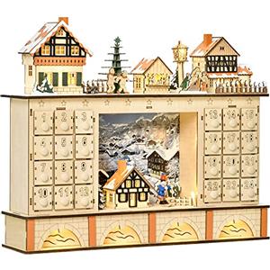 HOMCOM Calendario dell'Avvento in Legno con 24 Cassetti da Riempire, Decorazione con Villaggio di Natale e Luci, 44x10x37cm