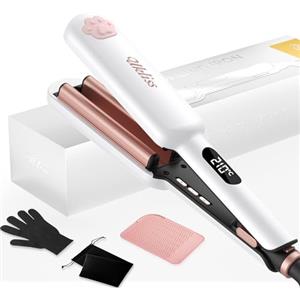 UKLISS Ferro ondulato, Pro Mini ferro ondulato per capelli, arricciacapelli grandi ricci, adatto per principianti, display LCD [130 - 210 ℃], con tappetino isolante termico, guanti e custodia